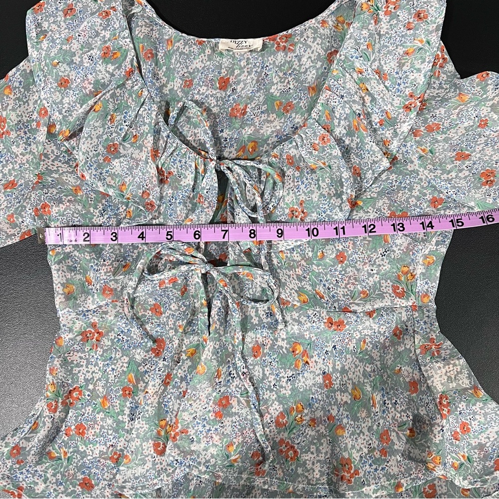 Dizzy Lizzy Floral Sheer Cotton Blend Tie Front Blouse Size XS - Picture 7 of 8